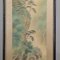 Japanese Watercolor on Silk Depicting Men on Raft by Cliff
