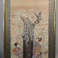 Japanese Hanging Scroll Depicting Two Women Under a Cherry Tree
