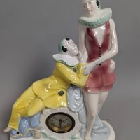 Art Deco Ceramic Clock Featuring Pierrot and Columbine Characters