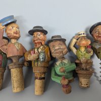 6 Hand-Carved German Mechanical Bottle Stoppers with Corks