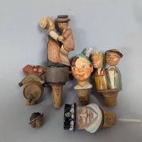 5 Antique German Carved Wood and Ceramic Bottle Stoppers