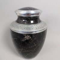 Marble Elegance Black Cremation Urn with Hand Engraved Silver Bands