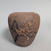 Chinese Ceramic Vase with Textured Brown Finish and Painted Decoration
