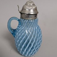 Antique Blue Opalescent Glass Syrup Pitcher in Buckeye Reverse Swirl Pattern