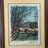 Bernard Buffet Lithograph Print Depicting Bridge Over Seine River in Paris