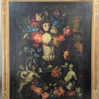 Oil on Board Still Life with Flowers and Cherubs, Antique, Newman Galleries