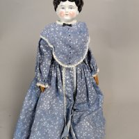 German China Head Doll in Victorian-Style Dress with Porcelain Features