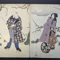 Japanese Woodblock Print by Utagawa Toyokuni, Kabuki Diptych Original 19th Century