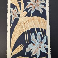 Japanese Woodblock Print Depicting Flowers and Bamboo Motif