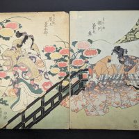 Japanese Woodblock Print by Kunisada Featuring Figures and Floral Motifs Original 19th Century