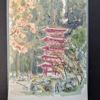 Japanese Woodblock Print of the Pagoda of Muro Temple in Nara
