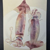 Japanese Woodblock Print Depicting Squid by Kayo Yamaguchi