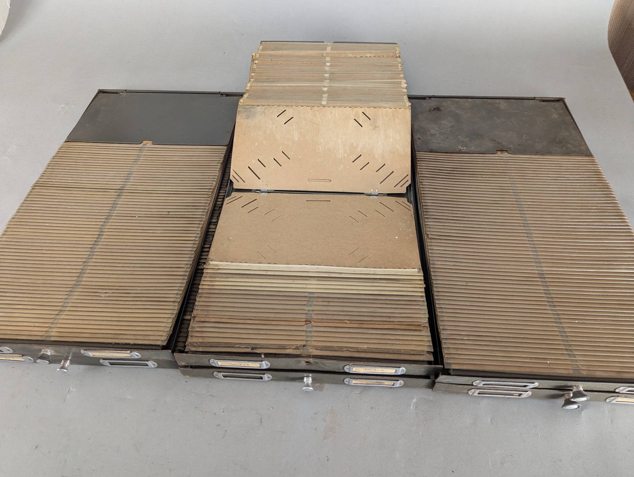 Set of 6 Antique Army Green Metal File Drawers