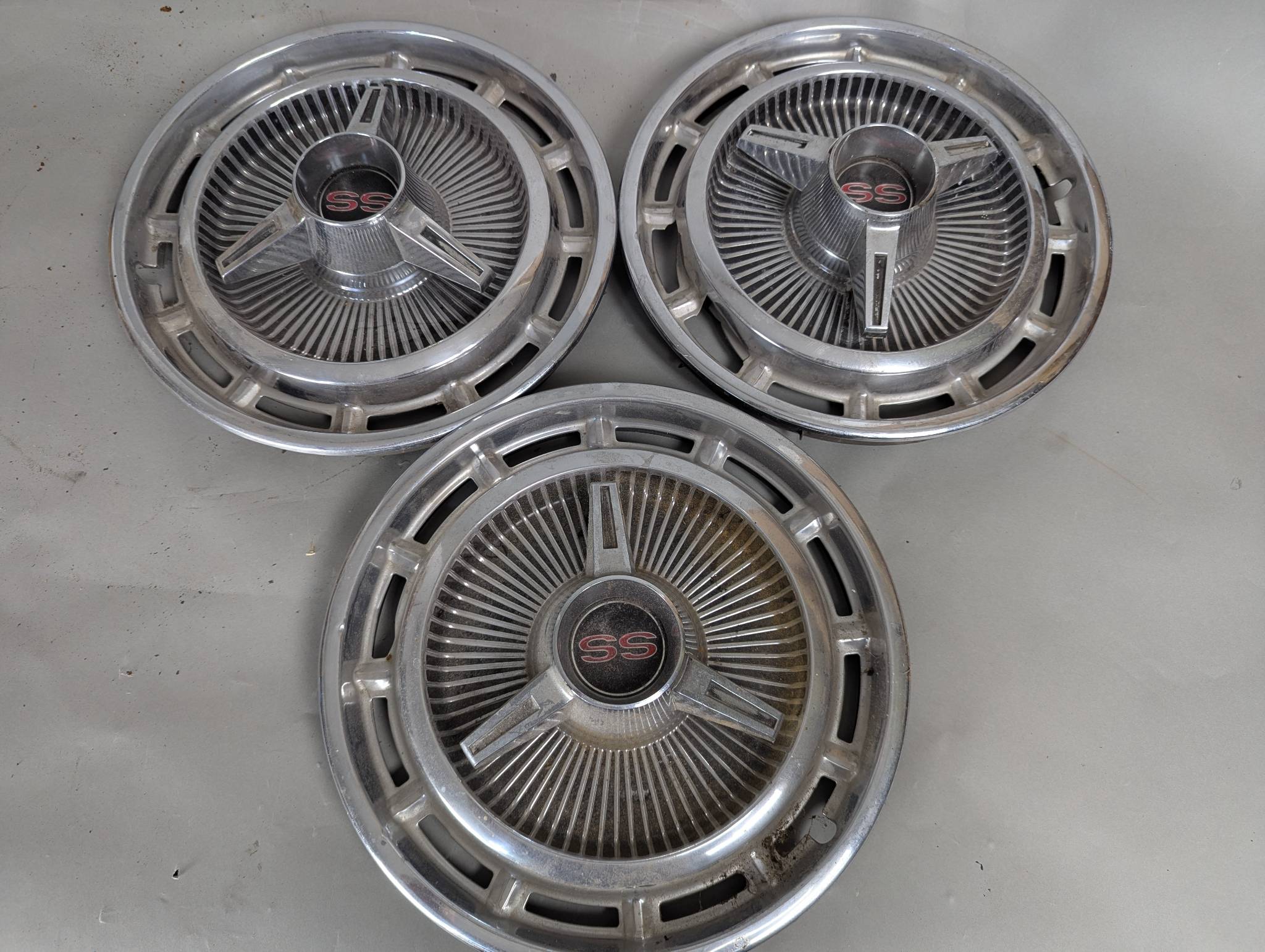 3 Vintage Chevrolet SS Chrome Spinner Hubcaps
