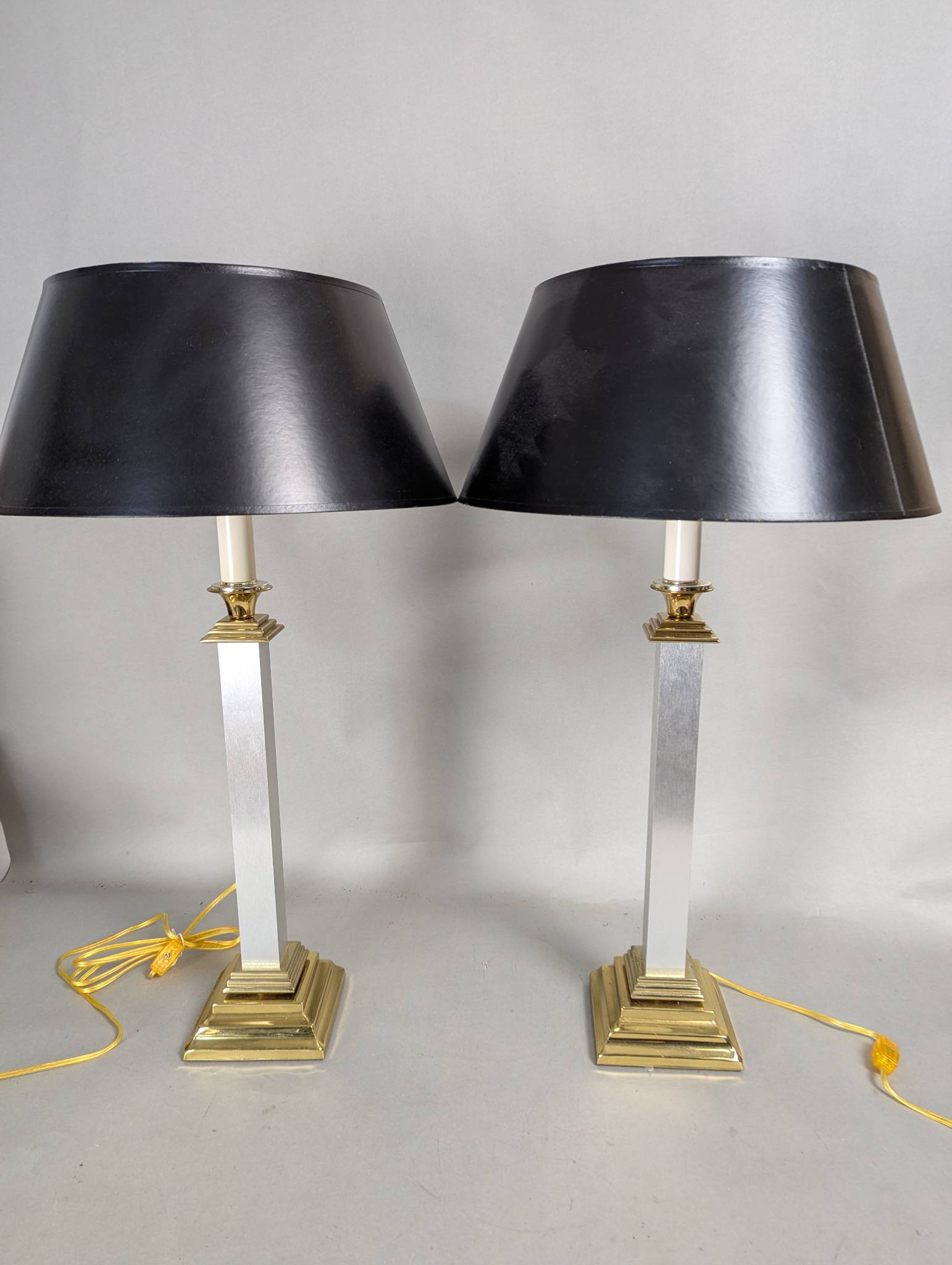 C1980’s Brass Candlestick Table Lamps by Chapman Lamp Co w/ Shades