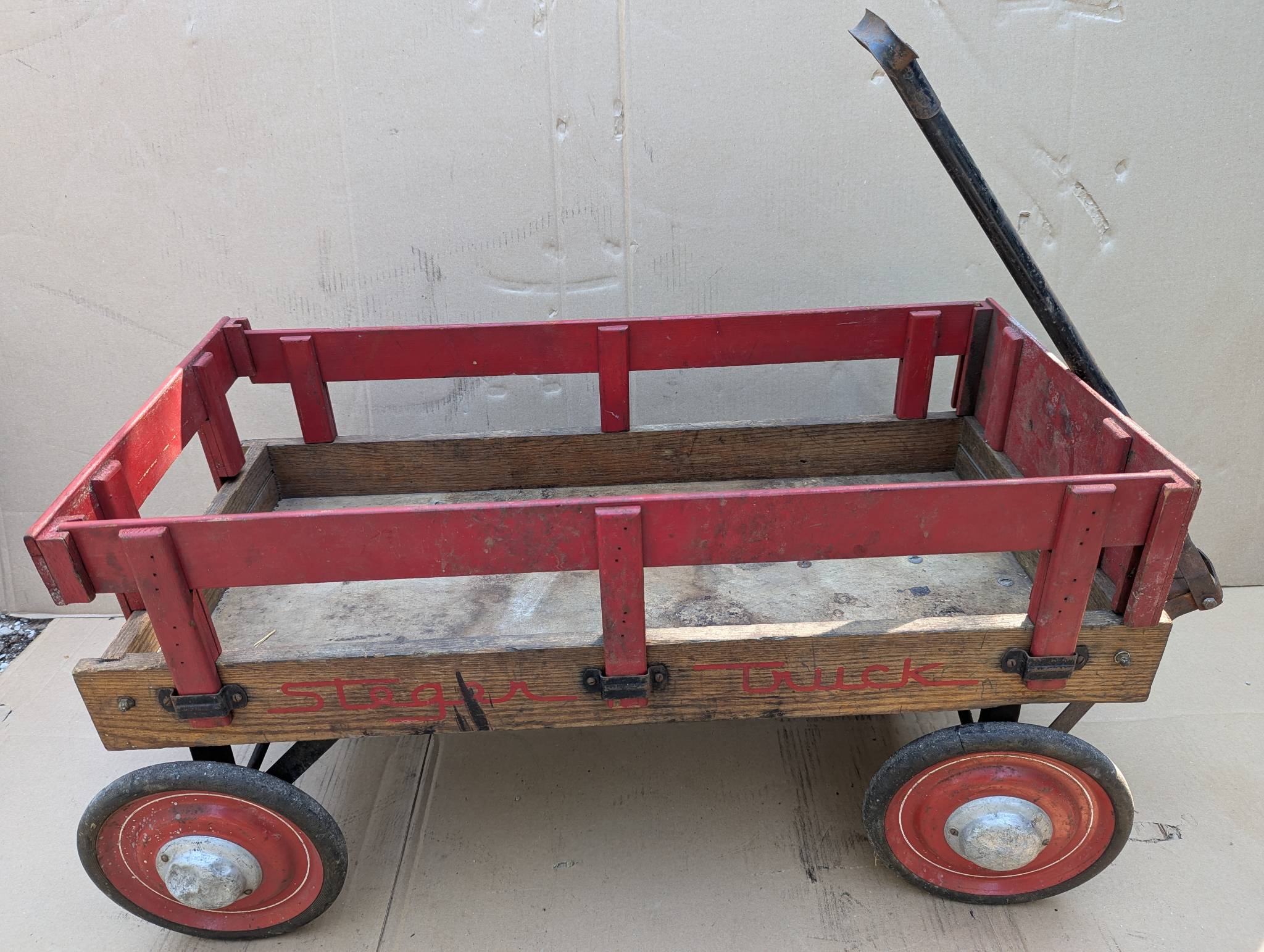 Antique Steger Truck  Wooden Wagon with Stake Sides and Red Wheels