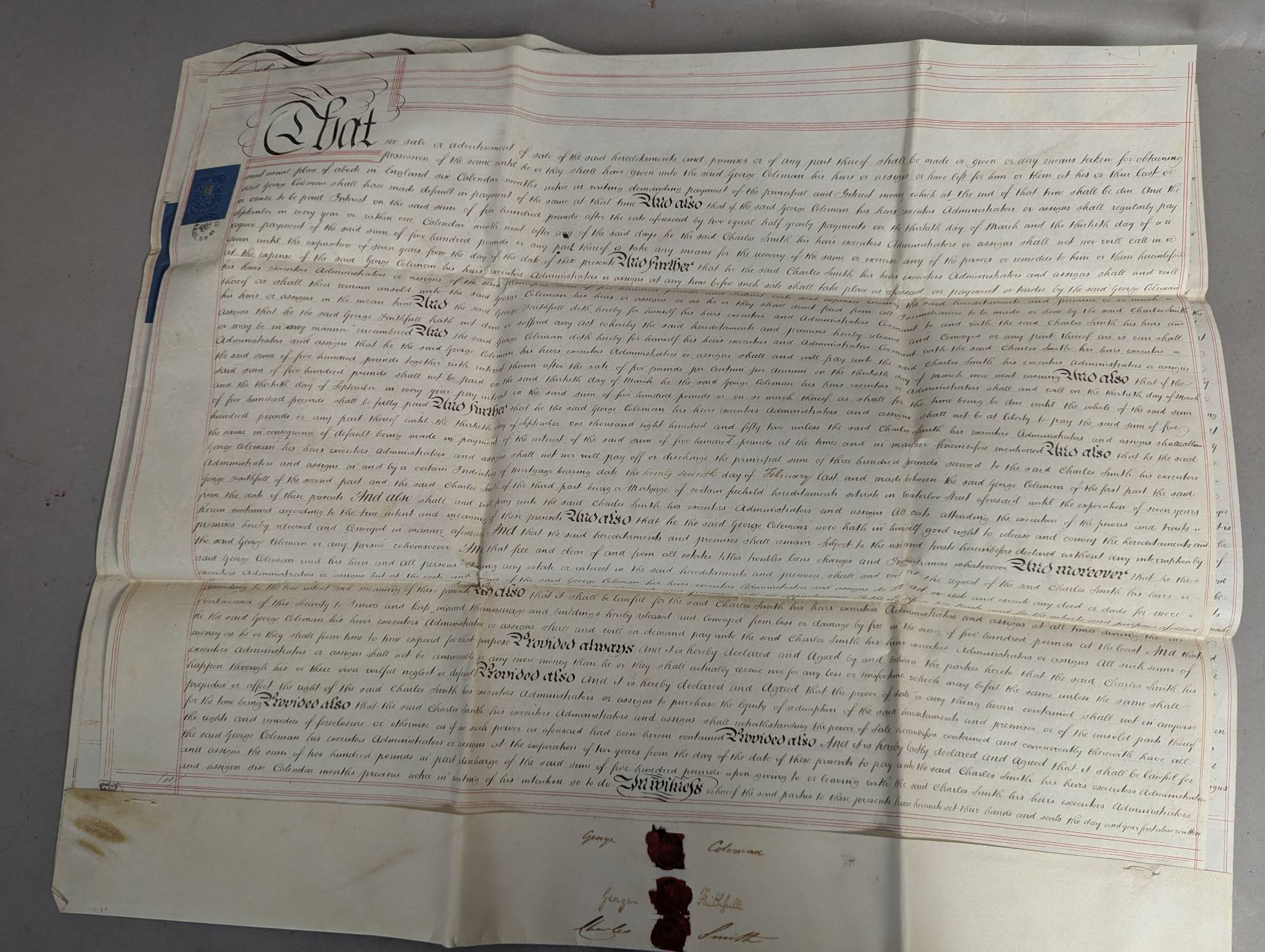 1843 Indenture Mortgage Document for George Coleman and Charles Smith
