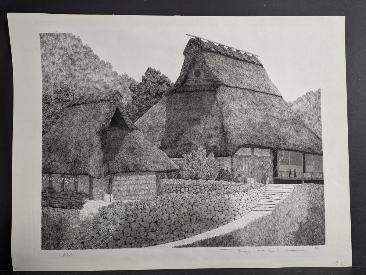Tanaka Ryohei Thatched Roof Farmhouse Etching 3/100 1978 Limited Edition Artwork