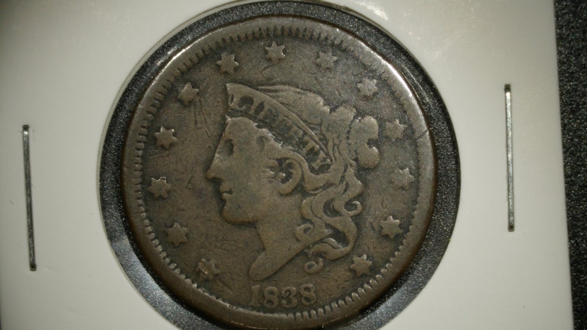 1838 Coronet Head Large Cent by Christian Gobrecht, V.F. - Coins Collectors Must Have