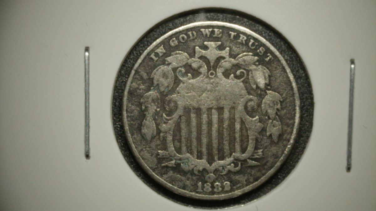 1882 Shield Nickel Five Cent Piece - Repunched Date Graded Fine by Longacre
