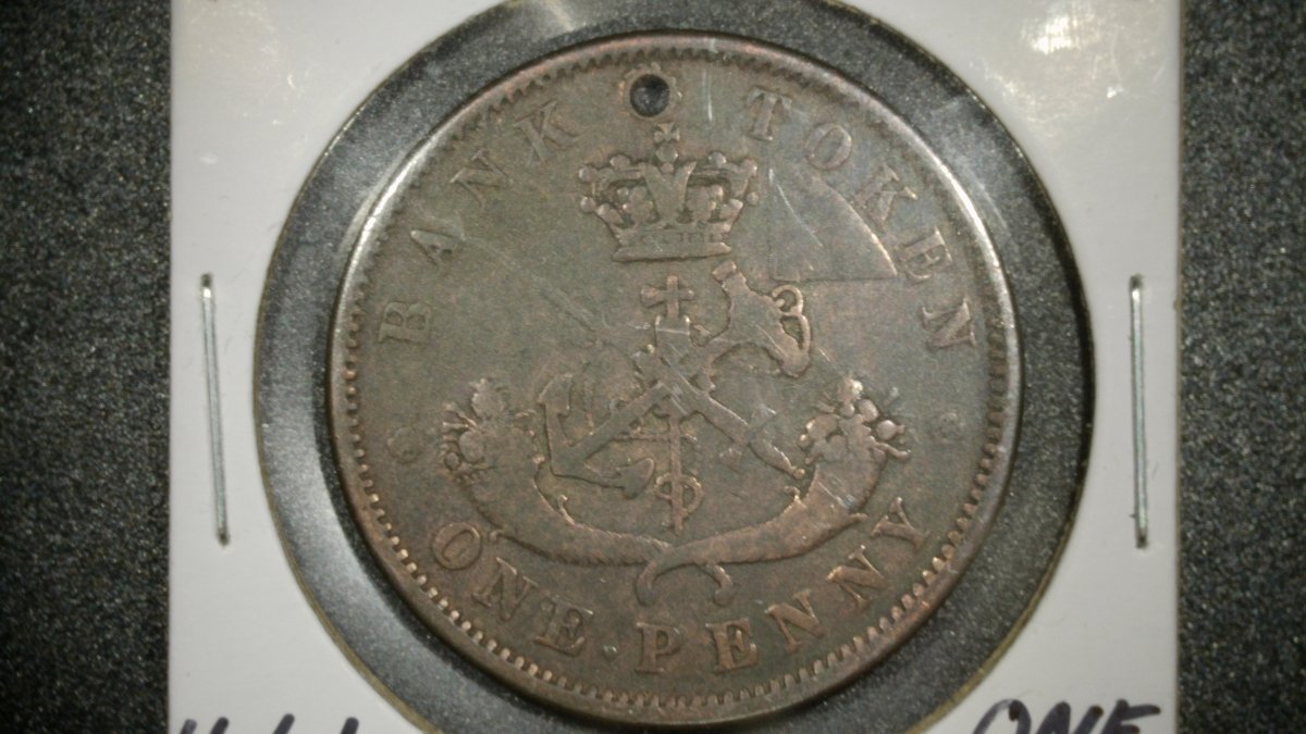 1852 Bank of Upper Canada One Penny Token - Holed - Very Good - Historical Currency