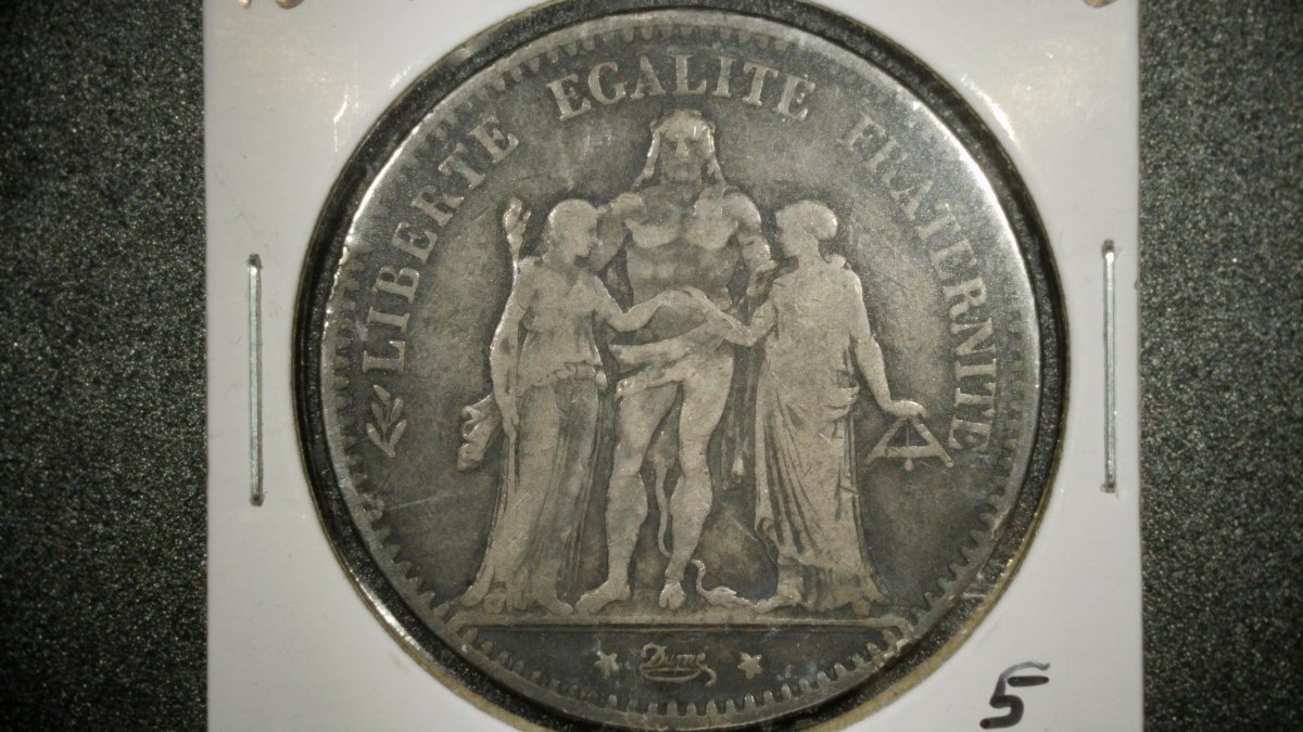 1874-A France 5 Francs Silver Coin Hercules Type by Augustin Dupré - VF Grade