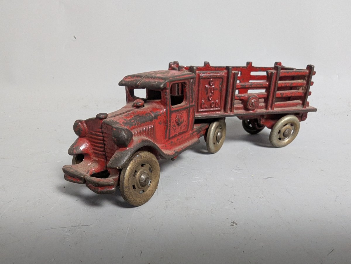 Vintage Champion Cast Iron Stake Bed Tractor-Trailer Truck Pre-WWII Collectible Toy