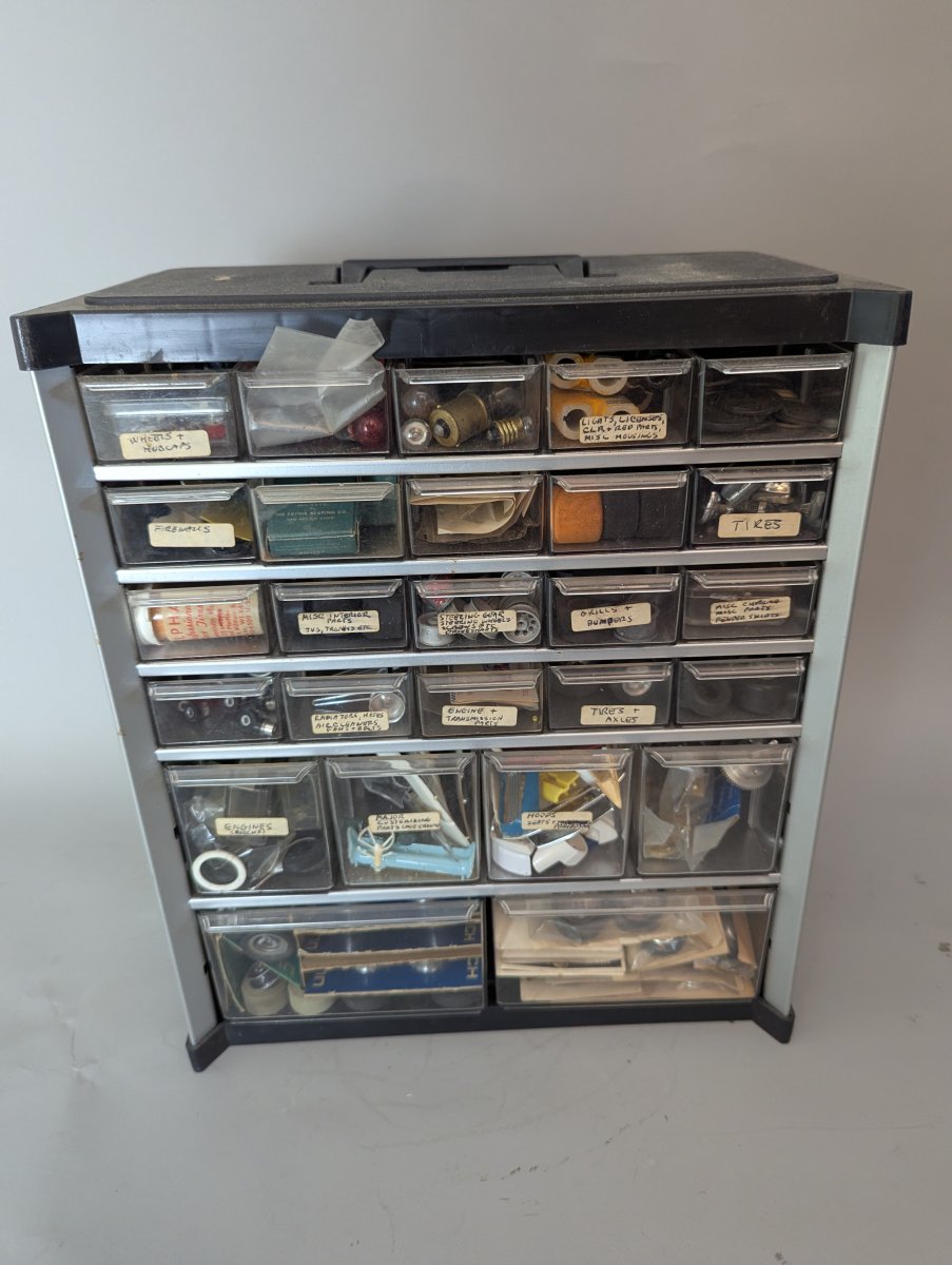Vintage Slot Car Parts Collection in Multi-Drawer Storage Cabinet by Ulrich and More