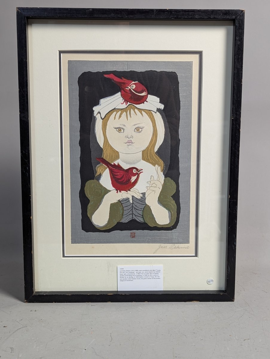Jun'ichiro Sekino 'Young Girl with Two Cardinals' Japanese Woodblock Print