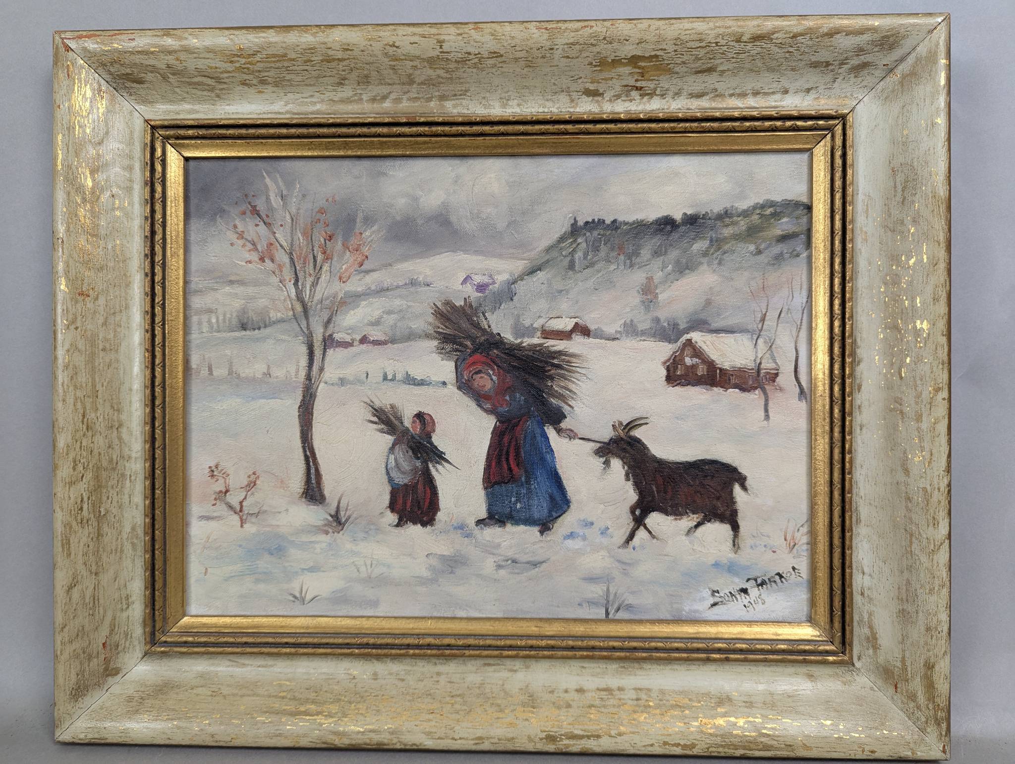 Folk Art Winter Scene Painting by Sonya Tarkoe Signed 1948