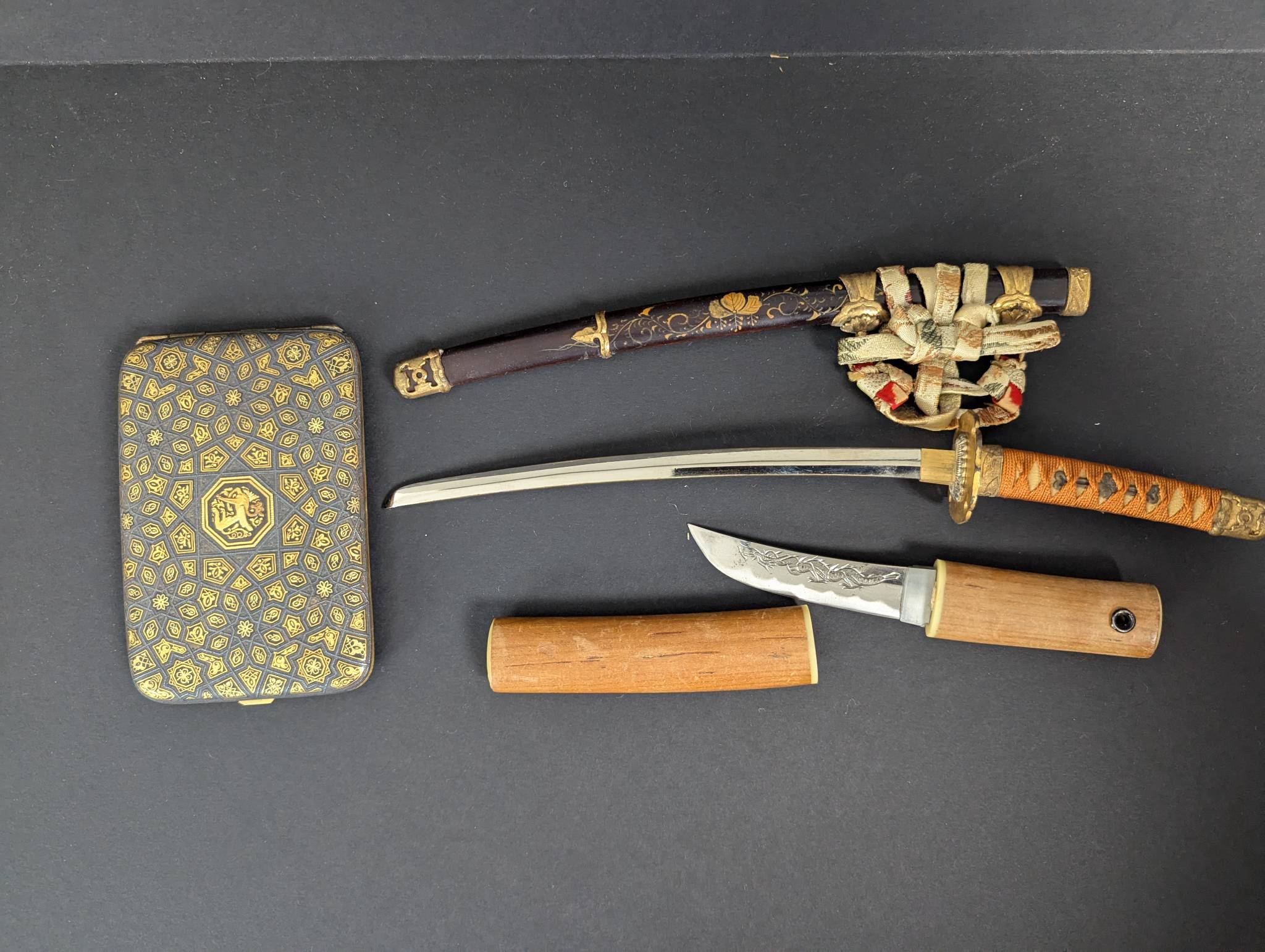 Japanese Toy Sword Knife and Cigarette Case with Decorative Patterns