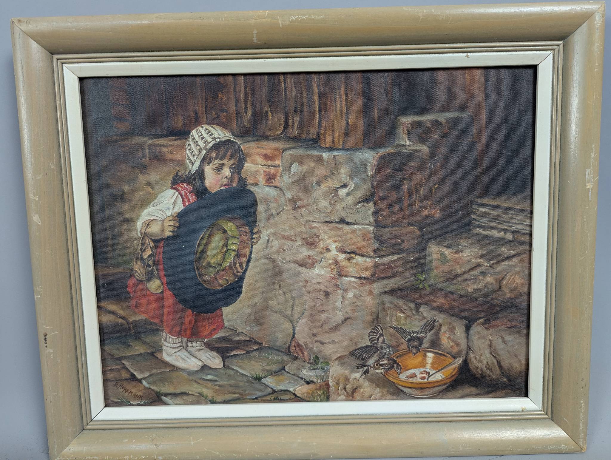 Painting by Ethel Herrmann Depicting a Girl and Sparrows