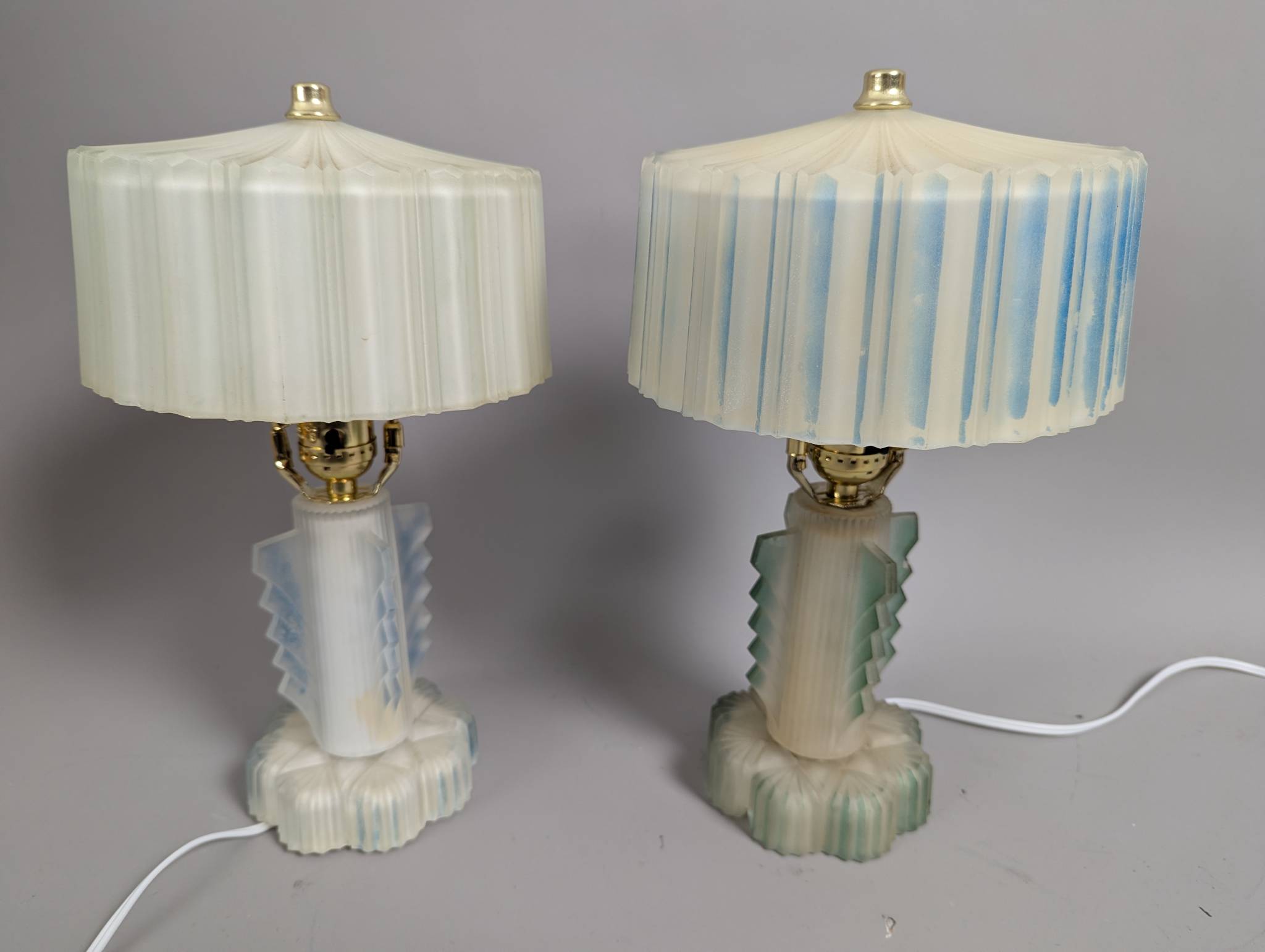 Art Deco Table Lamps with Frosted White and Blue Glass
