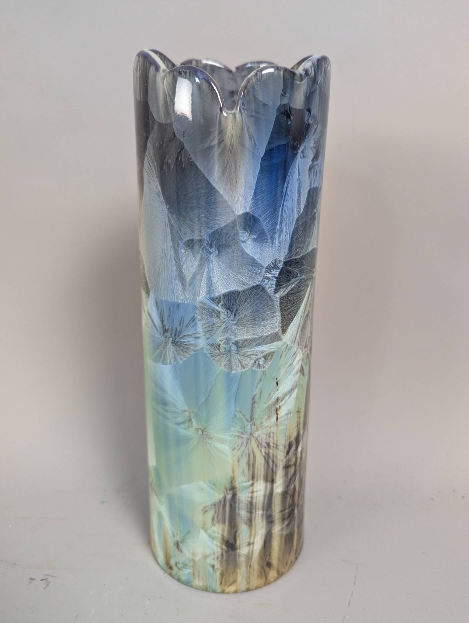 Studio Art Pottery Vase with Crystalline Glaze and Ruffled Rim