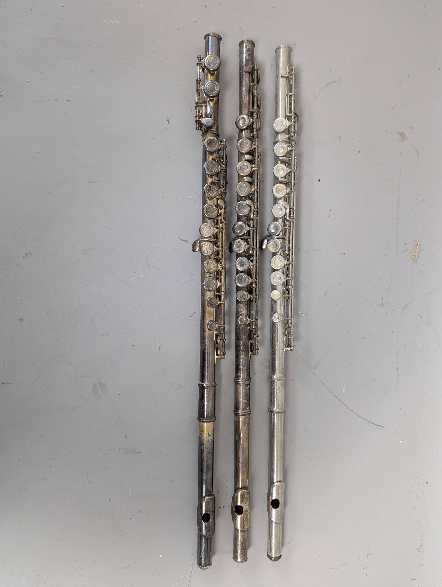 Three Antique Silver Flutes by Blessing Majestic and Gemeinhardt