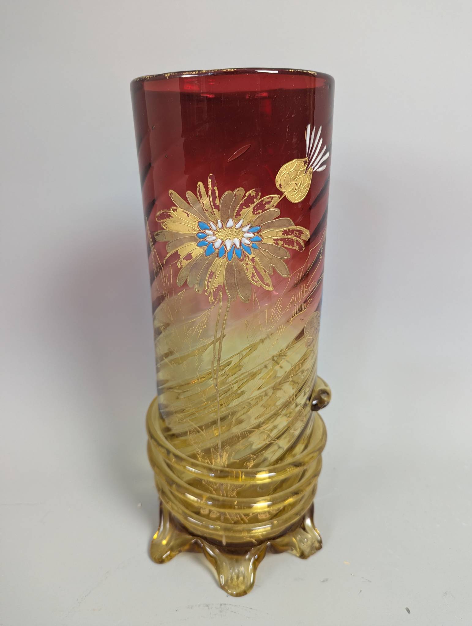 Art Deco Amberina Glass Vase with Hand-Painted Floral Design and Coiled Base