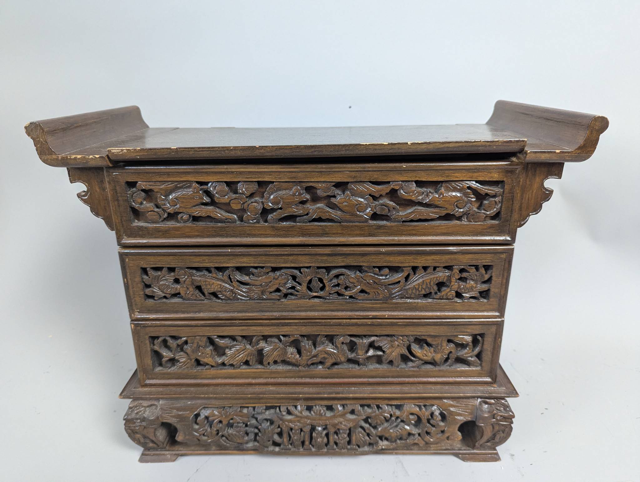 Highly Carved Chinese Wooden Chest or Jewelry Box with Dragon Motifs
