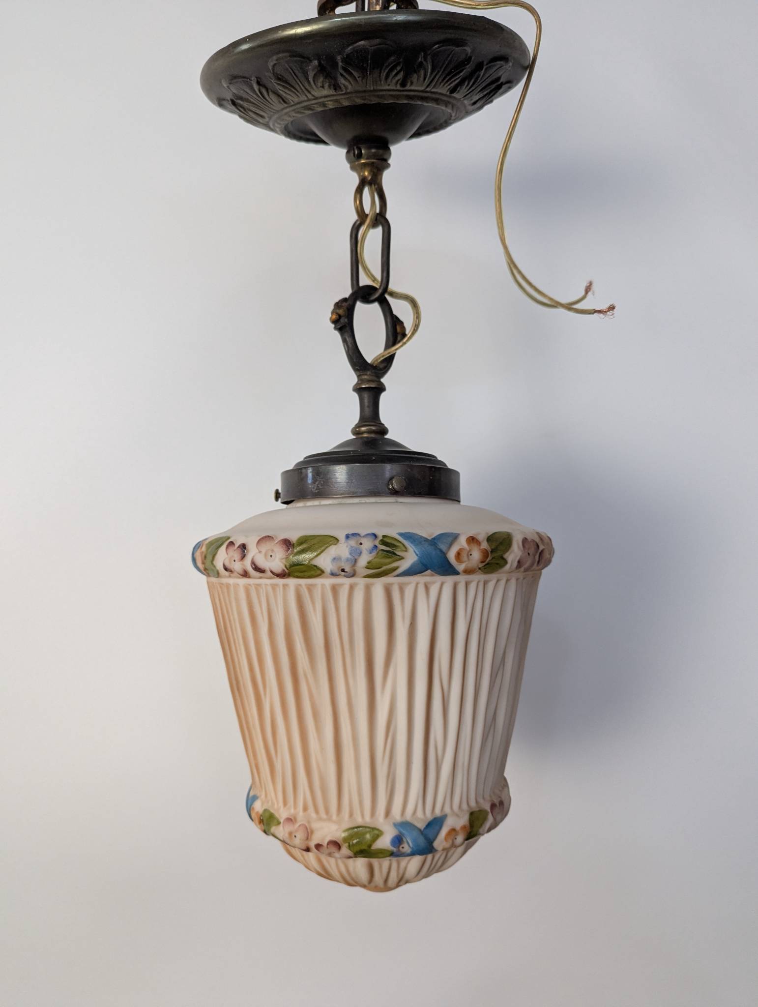 Art Nouveau Milk Glass Pendant Light with Hand-Painted Floral Design