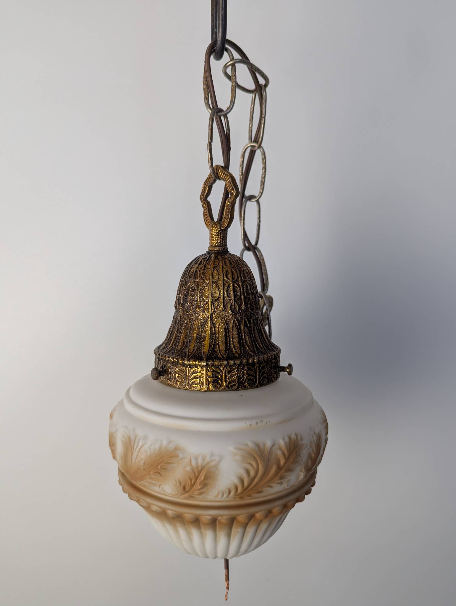 Art Nouveau or Hollywood Regency Pendant Light with Leaf Pattern Shade