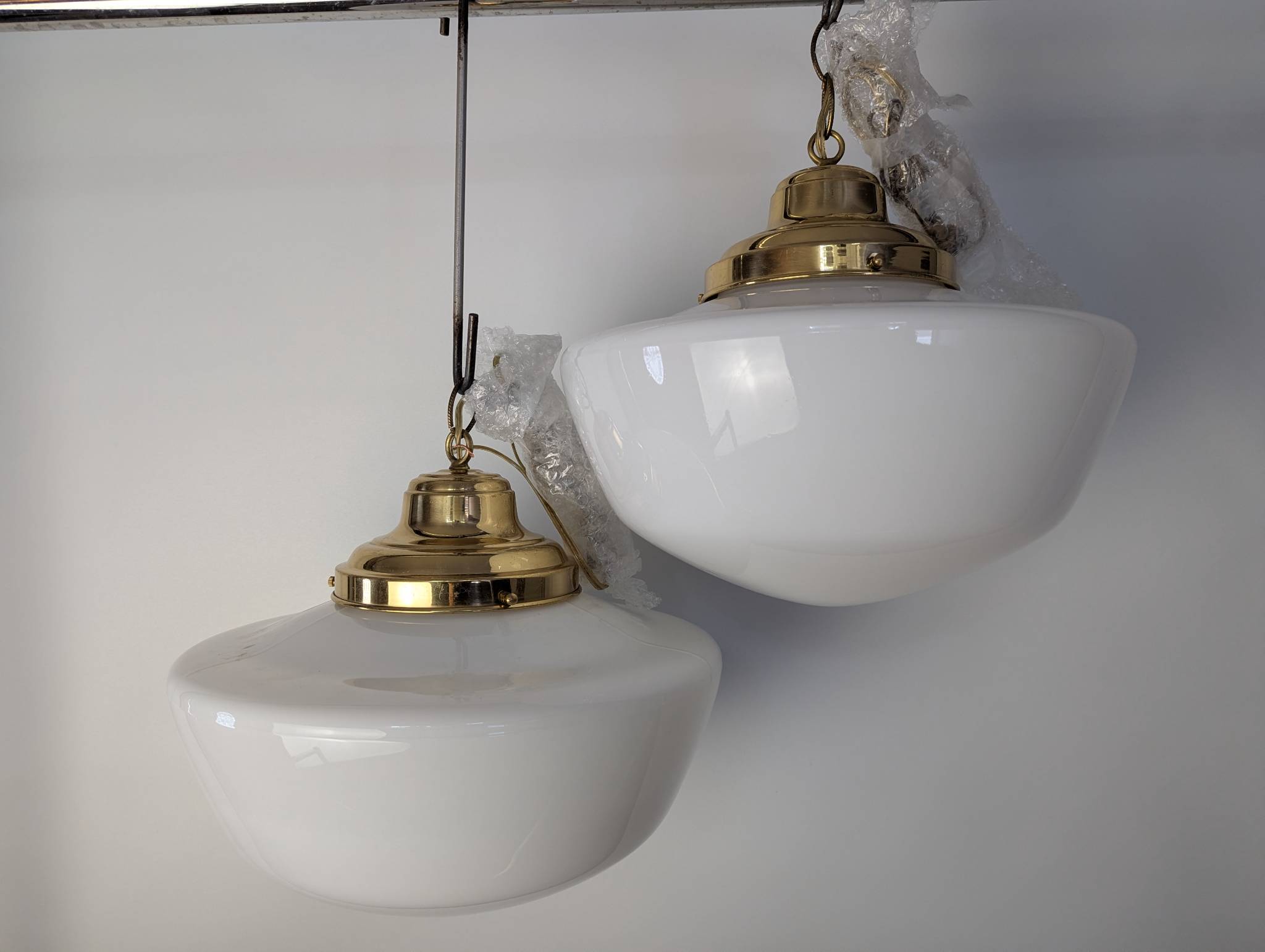 Pair Schoolhouse Pendant Lights with Brass and Opal Glass Shades