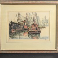 Hans Figura Etching Manhattan Docks Brooklyn Signed Art