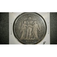 1874-A France 5 Francs Silver Coin Hercules Type by Augustin Dupré - VF Grade