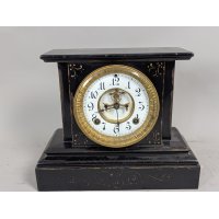 Ansonia Black Metal Mantel Clock with Key and Pendulum - Working Condition