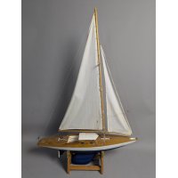 Vintage-Style RC Model Sailboat with Wood Deck Display Stand Collectible