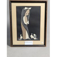 Kawano Kaoru Doves and Girl Japanese Woodblock Print