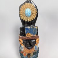 Carved Obsidian Mesoamerican-Style Figure with Turquoise Inlay