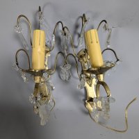 French-Style Brass and Crystal Two-Light Wall Sconces